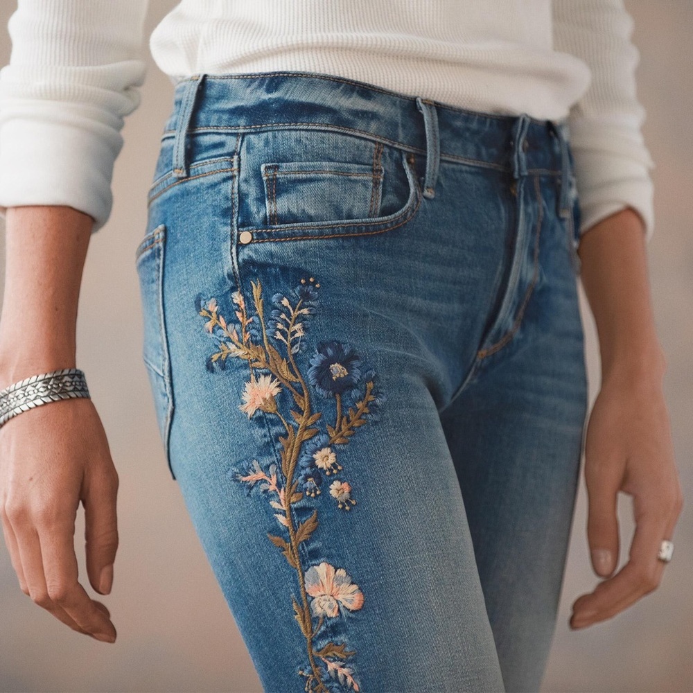 DRIFTWOOD Blue Boot Cut Jeans with Embroidered Floral Side - Picture 2 of 6